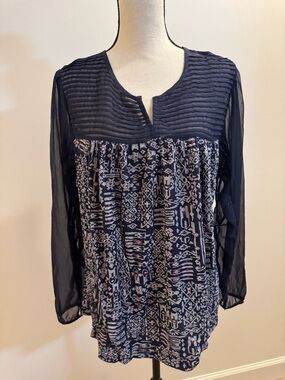 Lucky Brand Navy Patterned Mixed-Media Blouse